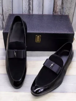 Mocassins habillés pour hommes en cuir véritable bout rond n艙ud patchwork chaussures de bal à enfiler
