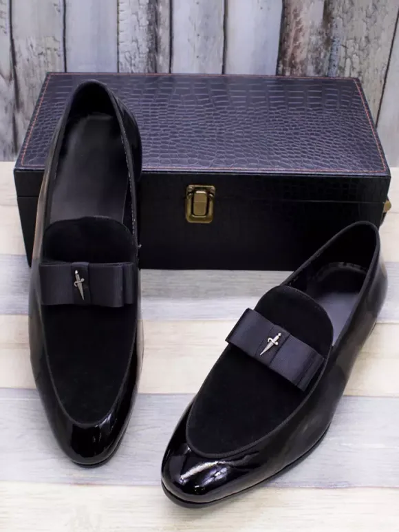 Mocassins habillés pour hommes en cuir véritable bout rond n艙ud patchwork chaussures de bal à enfiler