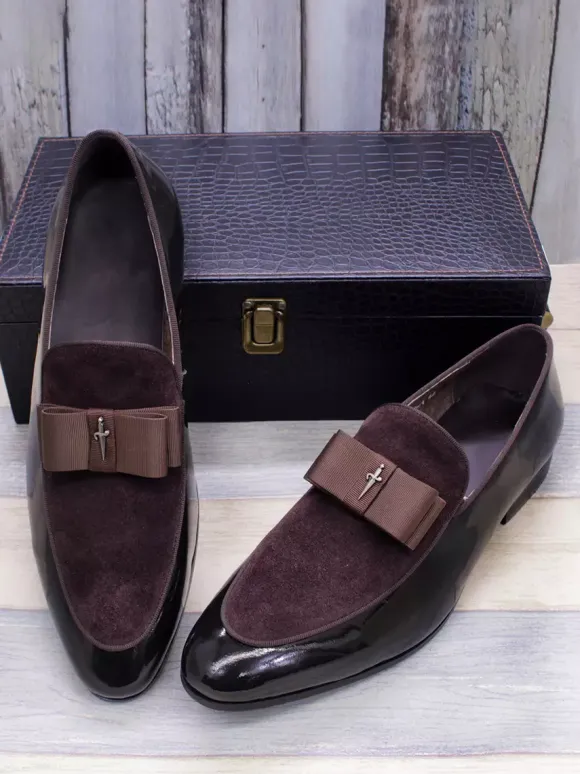 Mocassins habillés pour hommes en cuir véritable bout rond n艙ud patchwork chaussures de bal à enfiler