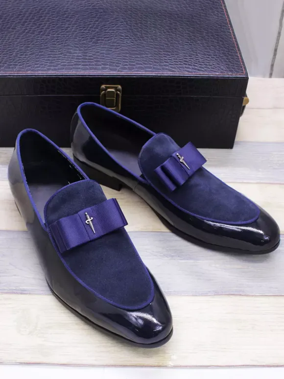 Mocassins habillés pour hommes en cuir véritable bout rond n艙ud patchwork chaussures de bal à enfiler
