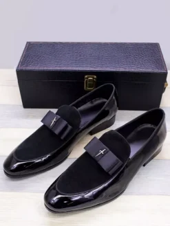 Mocassins habillés pour hommes en cuir véritable bout rond n艙ud patchwork chaussures de bal à enfiler