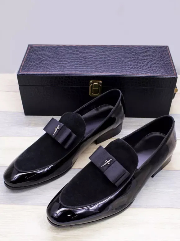 Mocassins habillés pour hommes en cuir véritable bout rond n艙ud patchwork chaussures de bal à enfiler