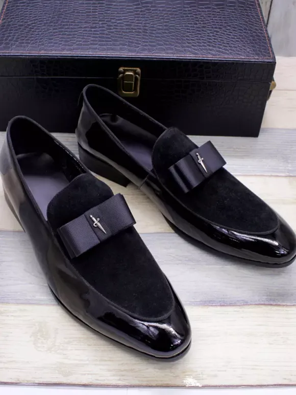 Mocassins habillés pour hommes en cuir véritable bout rond n艙ud patchwork chaussures de bal à enfiler