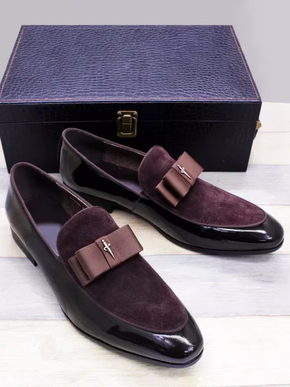 Mocassins habillés pour hommes en cuir véritable bout rond n艙ud patchwork chaussures de bal à enfiler