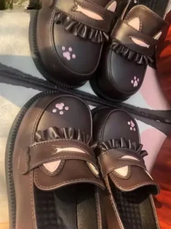 Mocassins Lolita doux style chat bout rond cuir PU noir talon épais chaussures Lolita ravissantes