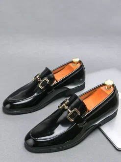 Mocassins à mors pour homme chaussures à enfiler en cuir verni à bout rond