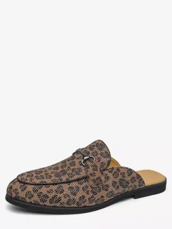 Mocassins mules pour hommes imprimé léopard bout rond détails métalliques sans talon