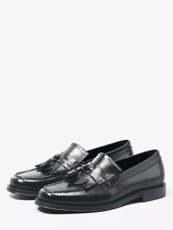 Mocassins noirs à bout rond pour hommes à enfiler avec pompons