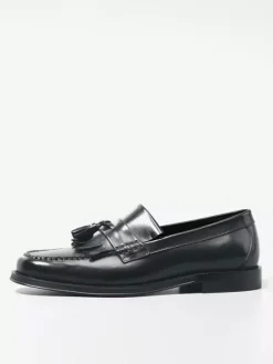 Mocassins noirs à bout rond pour hommes à enfiler avec pompons