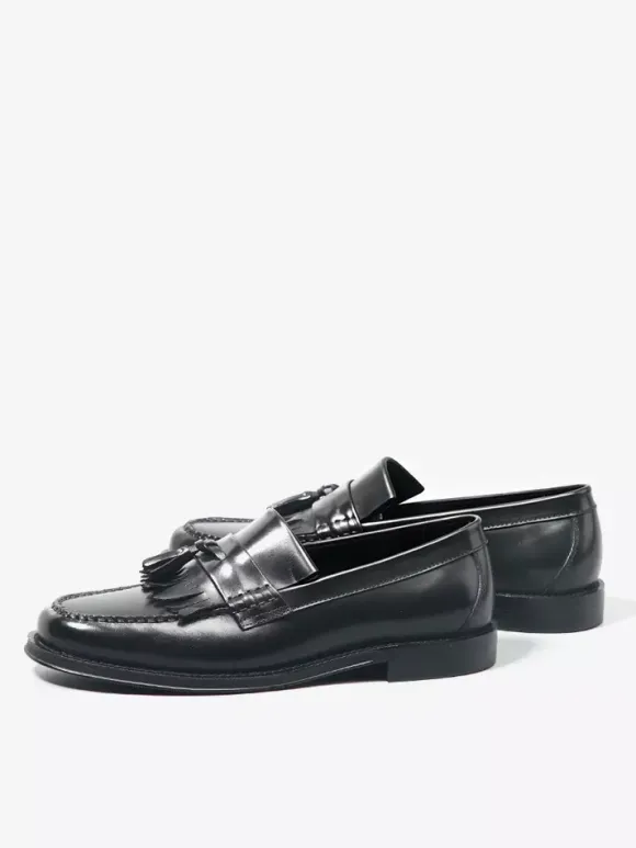 Mocassins noirs à bout rond pour hommes à enfiler avec pompons