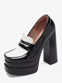Mocassins noirs à talons hauts et plateforme pour femmes escarpins à enfiler à bout carré