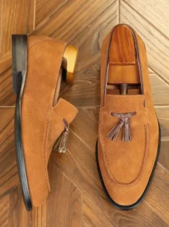 Mocassins à pampilles pour hommes en daim et cuir à bout carré
