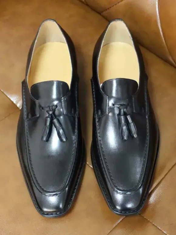 Mocassins à pampilles pour hommes chaussures habillées à bout carré en cuir véritable pour le travail Oxfords à enfiler