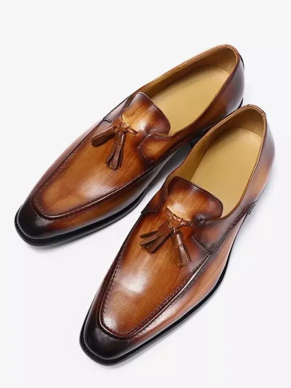 Mocassins à pampilles pour hommes chaussures habillées à bout carré en cuir véritable pour le travail Oxfords à enfiler