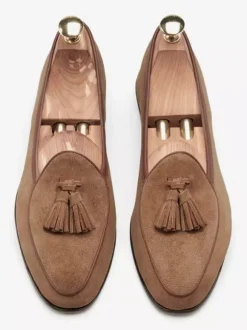 Mocassins à pampilles pour hommes mocassins à enfiler en daim talons bas pointus chaussures de bal marron clair