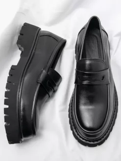Mocassins Penny pour hommes en cuir antidérapant à plateforme chaussures à enfiler épaisses bout rond semelle crantée chaussures décontractées et formelles