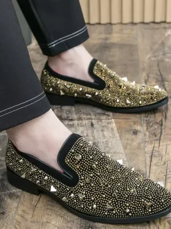 Mocassins à rivets dorés pour homme chaussures habillées en daim et cuir à enfiler formelles et décontractées pour soirées de mariage
