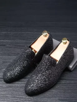 Mocassins à rivets pour hommes chaussures à enfiler bout pointu paillettes style smoking costume bal de promo