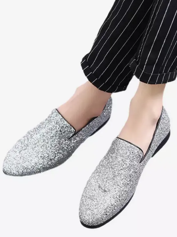 Mocassins à rivets pour hommes chaussures à enfiler bout pointu paillettes style smoking costume bal de promo