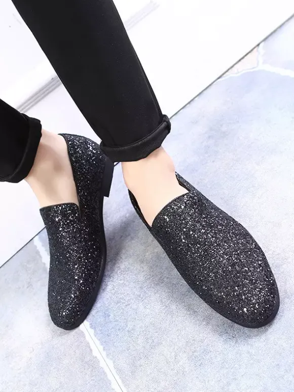 Mocassins à rivets pour hommes chaussures à enfiler bout pointu paillettes style smoking costume bal de promo