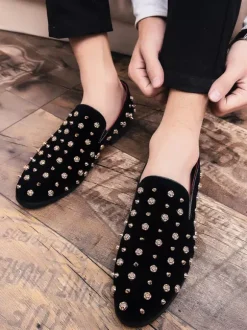 Mocassins à rivets pour hommes pointes dorées en daim cuir motif floral faciles à enfiler formels décontractés pour mariage bal danse chaussures plates