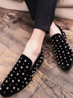 Mocassins à rivets pour hommes pointes dorées en daim cuir motif floral faciles à enfiler formels décontractés pour mariage bal danse chaussures plates