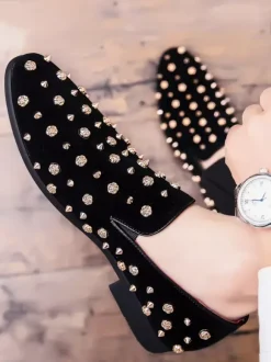 Mocassins à rivets pour hommes pointes dorées en daim cuir motif floral faciles à enfiler formels décontractés pour mariage bal danse chaussures plates