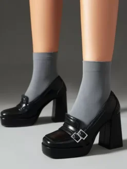 Mocassins À Talon Épais Avec Boucle Chaussures Vintage Femme En Cuir PU