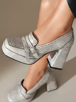 Mocassins À Talon Épais Avec Boucle Chaussures Vintage Femme En Cuir PU
