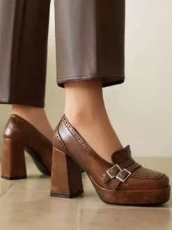 Mocassins À Talon Épais Avec Boucle Chaussures Vintage Femme En Cuir PU