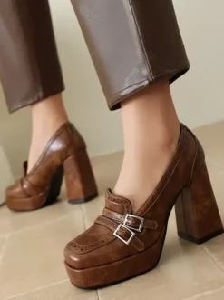 Mocassins À Talon Épais Avec Boucle Chaussures Vintage Femme En Cuir PU