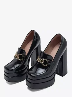 Mocassins à talons hauts plateforme bout carré chaîne escarpins à talons épais