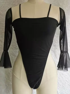 Monokini Maillots Femme avec Manches Longues Volantes à Col Décolleté Unicolore