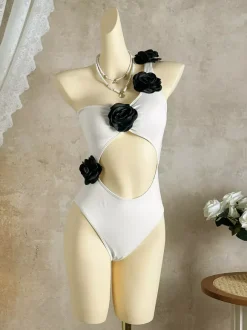 Monokini une pièce à fleurs 3D asymétrique échancré à la taille et décolleté plongeant