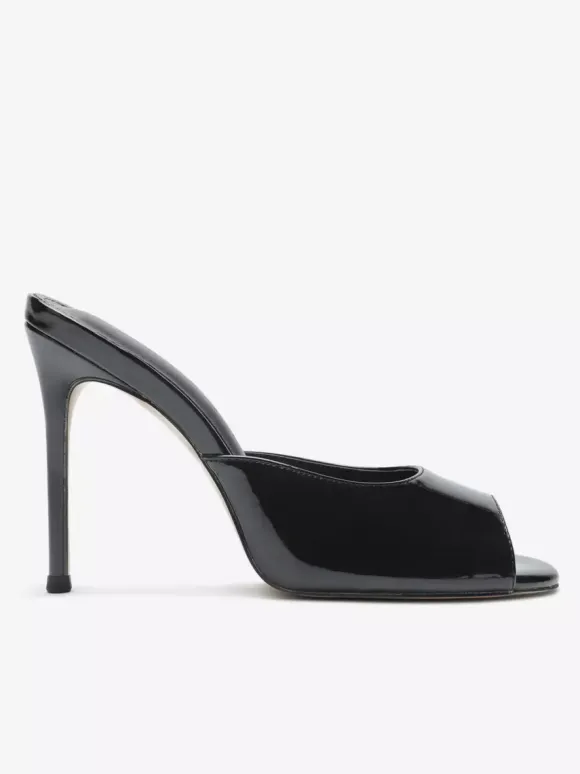 Mules à talons hauts bout ouvert sandales noires à talons aiguilles sans talon.