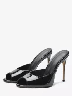 Mules à talons hauts bout ouvert sandales noires à talons aiguilles sans talon.