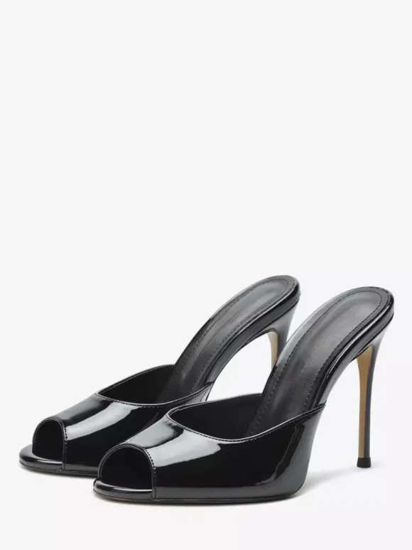 Mules à talons hauts bout ouvert sandales noires à talons aiguilles sans talon.