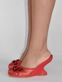 Mules compensées en maille pour femmes bout rond fleurs sans talon