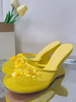 Mules compensées en maille pour femmes bout rond fleurs sans talon