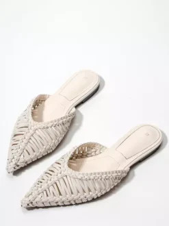 Mules plates à bout pointu pour femme sandales de plage dos nu en canne