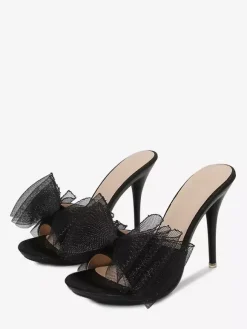 Mules à talons hauts blanches à bout ouvert et n艙ud escarpins dos nu pour femmes