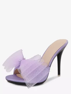 Mules à talons hauts blanches à bout ouvert et n艙ud escarpins dos nu pour femmes