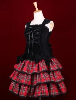 Noir rouge Ginghamn Lolita pull robe lacets multicouche Déguisements