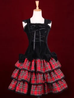 Noir rouge Ginghamn Lolita pull robe lacets multicouche Déguisements