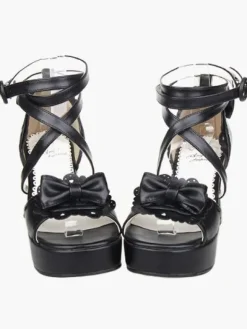 Noir Lolita sandales poney talons plateforme cheville bretelles Bow Déguisements Halloween