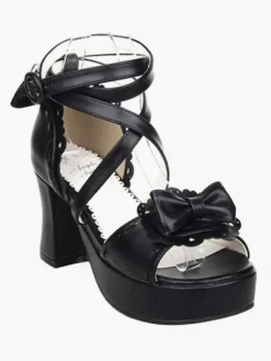 Noir Lolita sandales poney talons plateforme cheville bretelles Bow Déguisements Halloween