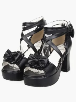 Noir Lolita sandales poney talons plateforme cheville bretelles Bow Déguisements Halloween