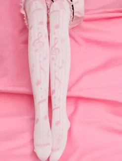 Note de musique Sweet Lolita chaussettes roses imprimées Lolita Stocking Déguisements Halloween
