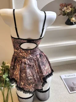 Nuisette corsetée Babydoll Lingerie imprimé tigre Dentelle à armatures Résille Mini-jupe Teddy Chemise