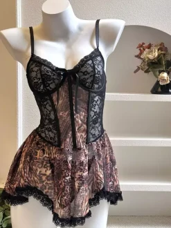 Nuisette corsetée Babydoll Lingerie imprimé tigre Dentelle à armatures Résille Mini-jupe Teddy Chemise